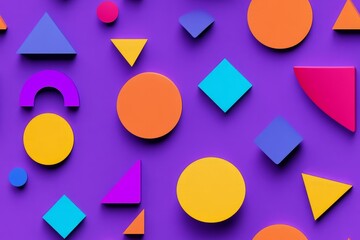 3d composition of circles, squares, and triangles in bright colors on a purple background