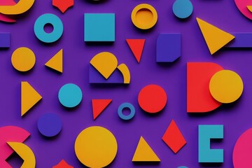 3d composition of circles, squares, and triangles in bright colors on a purple background