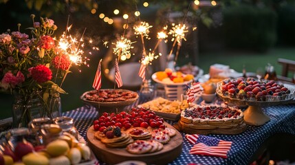 A 4th of July party with sparklers, American flags, and a table filled with summer treats