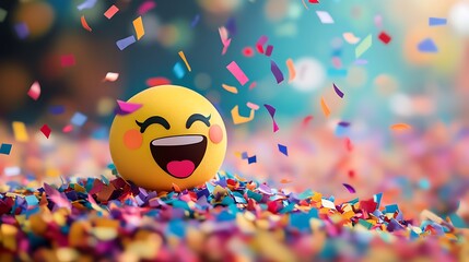 Ecstatic emoji playing in a pile of confetti isolated on a colorful background