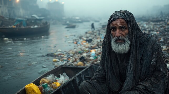Elderly man in a polluted river.