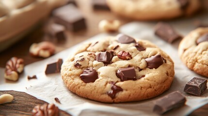 Close-up of a chocolate chip cookie with gooey melted chocolate inside