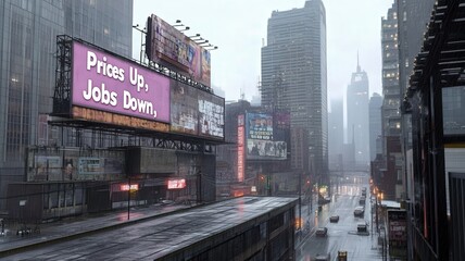 Cityscape With Prominent Billboard Saying Prices Up Jobs Down Symbolizing Recession and Financial Crisis.