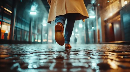 An enigmatic figure clad in a trench coat, seen from behind, strides confidently through a rainy, glistening alley, evoking mystery and suspense in the twilight.