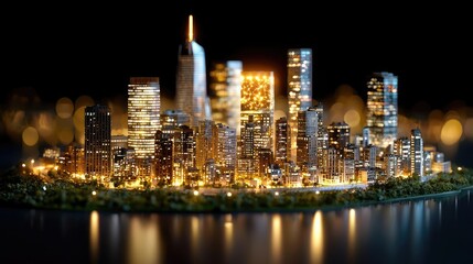 Fototapeta premium Night cityscape model, illuminated buildings, water reflection, city skyline, urban development illustration