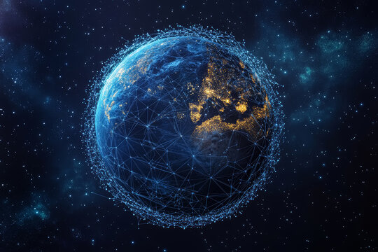 Network and data exchange over glowing planet Earth viewed from space. Connection lines around the globe. Global international connectivity. 