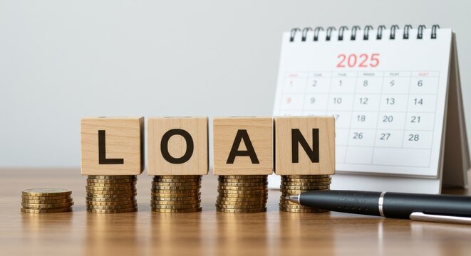 Loan repayment plan. Wooden cube with loan written atop stacked coins, a pen, and calendar showing 2025. Represents loan payment strategy, financial management, and repayment planning