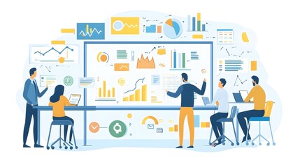 Team of Managers Collaborating on Project Details Using Whiteboard in Modern Workspace