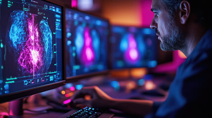focused professional analyzing breast imaging on multiple computer screens in dimly lit room