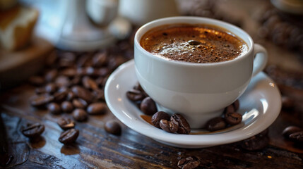 Fototapeta premium A white coffee cup filled with a frothy black coffee, sitting on a saucer. The saucer is adorned with several coffee beans, and the background is slightly blurred