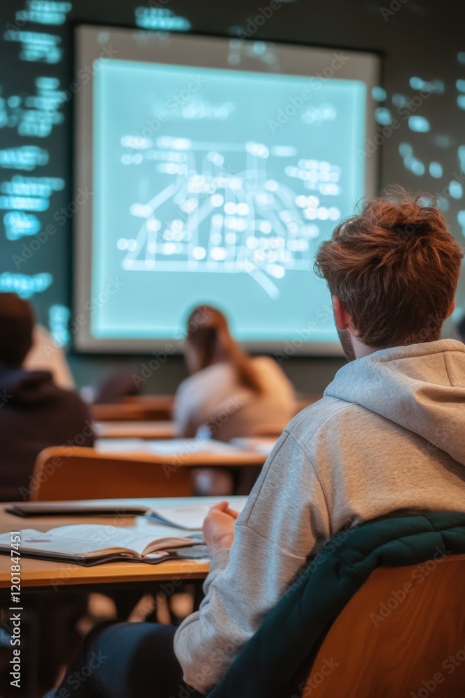 Poster a dynamic shot of students in a philosophy class analyzing logic symbols with a projector screen dis