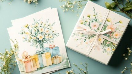 illustrations of a delicate watercolor painting with flowers and gift boxes