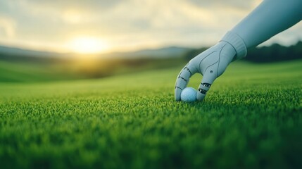 Robot arm tees up for golf golf course sports natural landscape close-up view technology in action