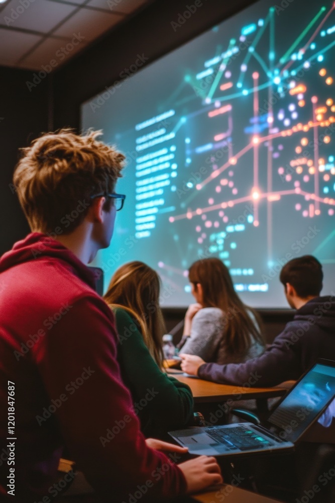 Poster a dynamic shot of students in a philosophy class analyzing logic symbols with a projector screen dis