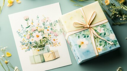 illustrations of a delicate watercolor painting with flowers and gift boxes