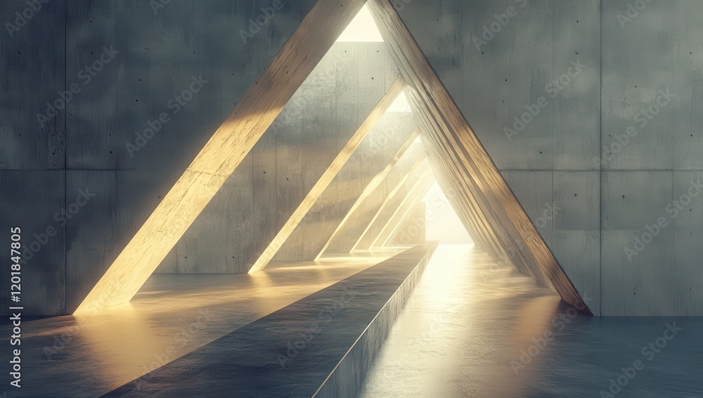 Poster a contemporary architectural interior featuring geometric triangular structures and soft illuminatio