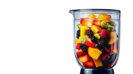 A vibrant mix of fresh fruits in a blender ready to be blended into a healthy smoothie, showcasing colors and textures of various fruits.