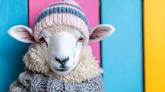 Gentle sheep in a knitted beanie isolated on a colorful background