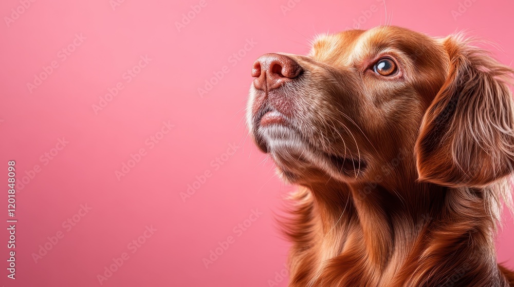 Poster a golden retriever looking upward with a focused expression, set against a soft pink background that