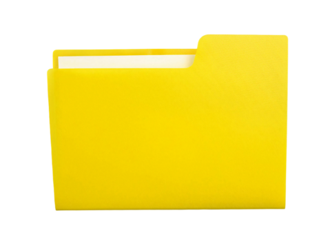 yellow file folder with white papers isolated background front view
