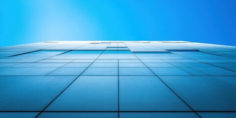Obraz premium A Modern Architectural Facade Captured from Below, Showcasing a Clear Blue Sky and Reflective Glass Panels with Symmetrical Lines and Minimalist Design Elements