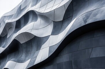 Abstract architectural background featuring dynamic metallic waves that illustrate modern design and artistic creativity in a contemporary urban setting