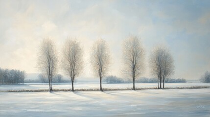 Five frost-covered trees stand in a snowy field at sunrise.