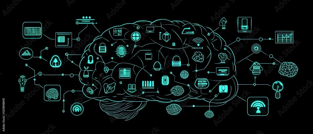 Poster digital brain with glowing ai icons and neural networks, human thought and technology fusion, artifi