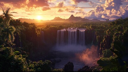 Tropical sunset waterfall landscape.