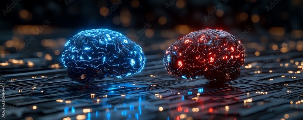Poster digital brain with neural networks and glowing ai icons