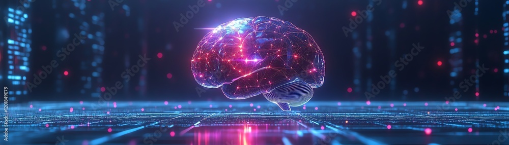 Poster digital brain with neural network connections, glowing ai icons, integration of technology with huma