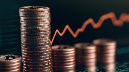 A close-up of stacks of coins with a rising graph in the background, symbolizing financial growth and investment opportunities.