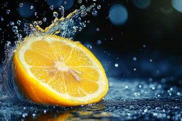 High-speed capture of a splash of water hitting a lemon slice - droplets frozen in mid-air.
