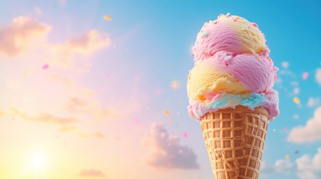 Delightful ice cream cone sunny beach food sky close-up summer treats