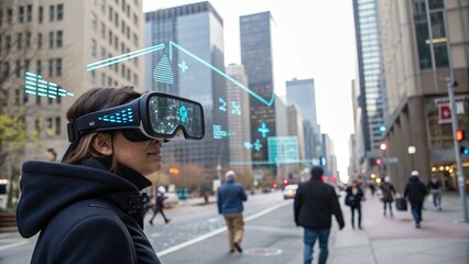 Augmented reality glasses displaying holographic directions in urban settings