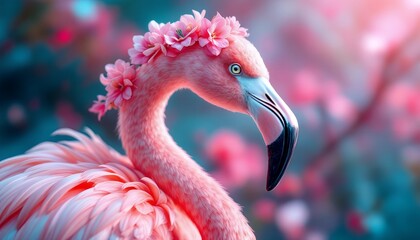 Pink Flamingo with Flower Crown in Blooming Garden