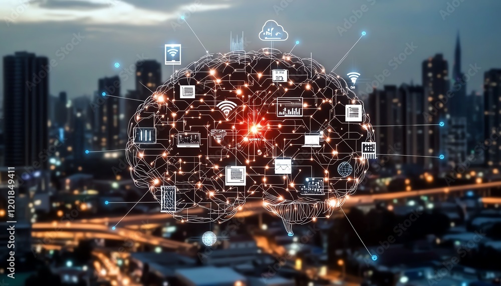 Poster futuristic digital brain with glowing ai icons, neural network connections, integration of technolog