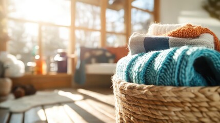 A laundry basket filled with neatly folded towels sits in a sun-lit corner of a cozy room, highlighting warmth and tranquility with sun rays streaming in.