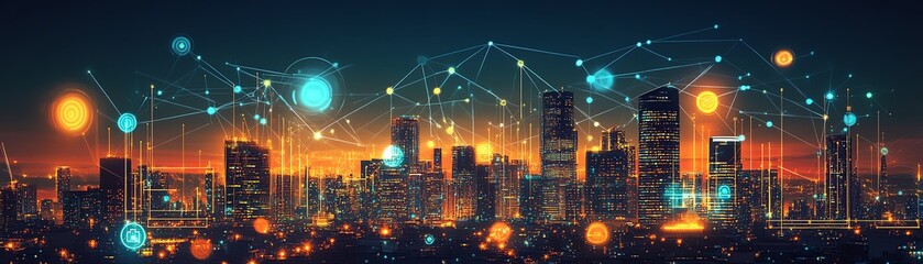Naklejka premium futuristic city with glowing AI technology, digital data illumination, neon tech lights, smart urban design, hightech buildings, future metropolis, digital data architecture
