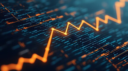 A vibrant digital graph with a zigzagging orange line, illustrating data trends against a backdrop of blue and black patterns, symbolizing analytics and technology.