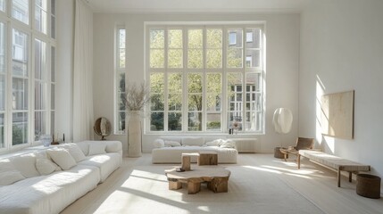 Fototapeta premium A bright and airy Nordic living room with large windows, white walls, and minimalistic furniture, showcasing a harmonious blend of comfort and simplicity in design.