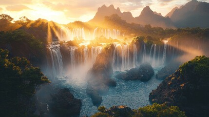 Fototapeta premium Majestic waterfall at sunset, illuminated by golden sunlight, surrounded by lush greenery and dramatic mountains.