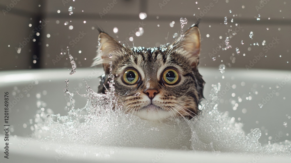 Poster a cat mid-shake in the bath, water droplets flying everywhere as it tries to shake off the water, cr