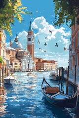 Venice Gondola and Tower Scene on Canal with Birds Flying in Blue Sky Clear Day Light
