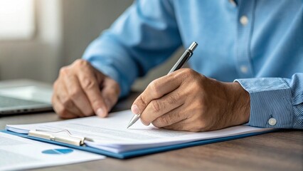 Close-up of hands writing on a document, in the corporate photography style. A man in a blue shirt is sitting at a desk, holding a pen.