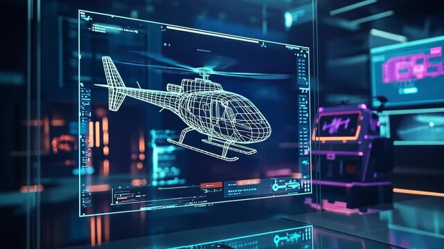 3D digital blueprint of a helicopter displayed in a high-tech environment with futuristic interface elements