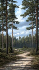 Fototapeta premium Explore a serene dirt path flanked by tall pine trees, illuminated by the gentle glow of late afternoon sunlight, inviting tranquility.