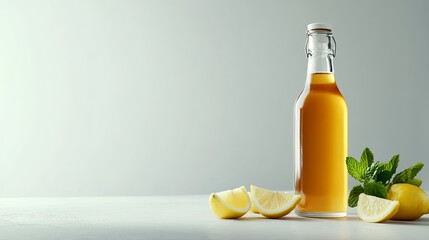 A bottle of herbal iced tea with fresh mint and lemon wedges on a clean surface