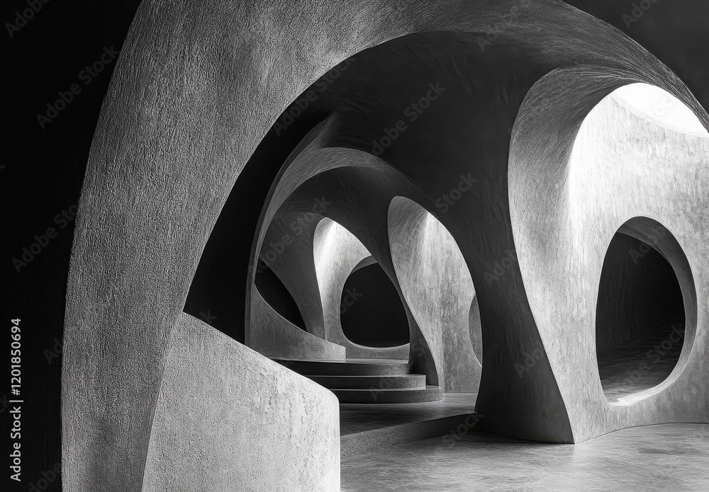 Poster abstract architectural design featuring smooth curves and unique openings in a minimalistic space wi
