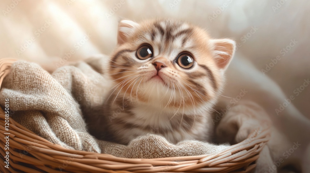 Poster a chubby kitten sitting in a basket filled with soft blankets, looking up with big, curious eyes and